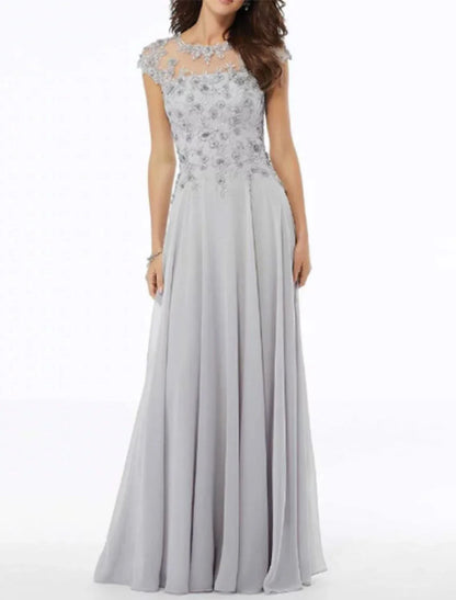Aimishang A-Line Mother of the Bride Dress Elegant Jewel Neck Floor Length Chiffon Tulle Short Sleeve with Embroidery Appliques