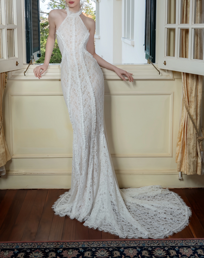 Elegant Lace Mermaid Evening Gown Halter-neck Party Dress Lace-up Long Formal Dress HZ1024