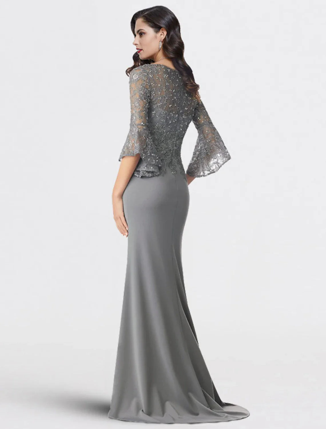Aimishang Mermaid / Trumpet Mother of the Bride Dress Plus Size Elegant V Neck Sweep / Brush Train Chiffon Lace 3/4 Length Sleeve with Sequin Appliques