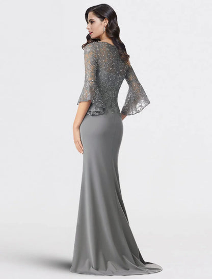 Aimishang Mermaid / Trumpet Mother of the Bride Dress Plus Size Elegant V Neck Sweep / Brush Train Chiffon Lace 3/4 Length Sleeve with Sequin Appliques