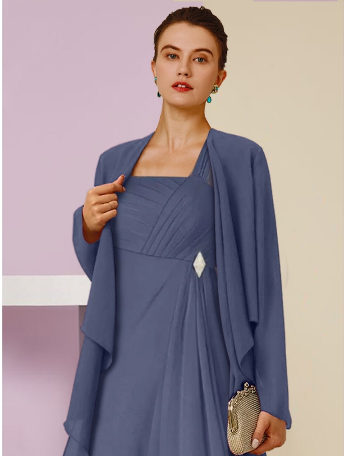 Aimishang  A-Line Mother of the Bride Dress Wedding Guest Elegant Square Neck Ankle Length Chiffon Long Sleeve with Crystal Brooch Ruching