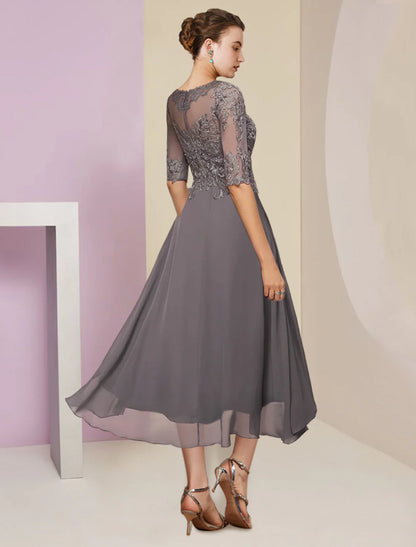 Aimishang  Two Piece A-Line Mother of the Bride Dress Formal Wedding Guest Elegant Scoop Neck Tea Length Chiffon Lace Half Sleeve Wrap Included with Beading Sequin Appliques