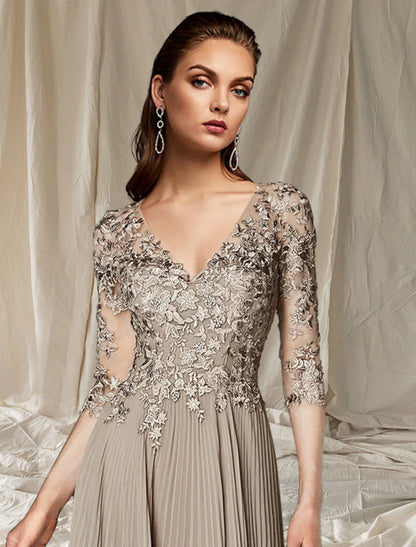 Aimishang A-Line Mother of the Bride Dress Wedding Guest Plus Size Elegant V Neck Floor Length Chiffon Lace Half Sleeve with Pleats Appliques