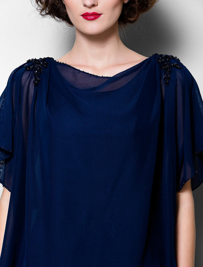 Aimishang  A-Line Mother of the Bride Dress Plus Size Elegant Cowl Neck Tea Length Chiffon Short Sleeve with Ruffles Crystal Brooch