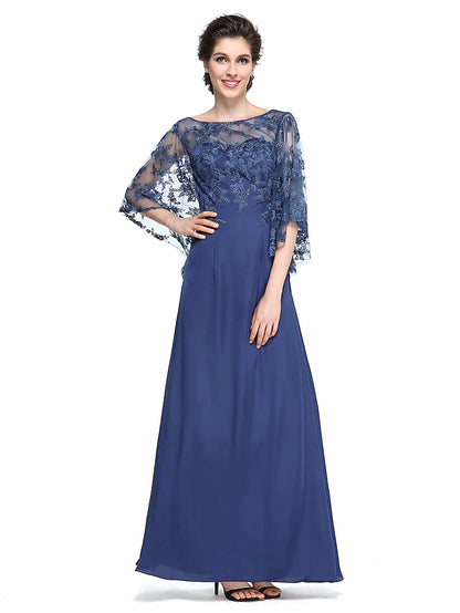 Sheath / Column Mother of the Bride Dress Elegant See Through Bateau Neck Ankle Length Chiffon Lace Half Sleeve with Lace