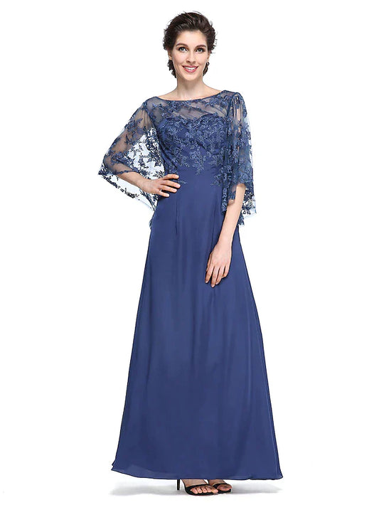 Sheath / Column Mother of the Bride Dress Elegant See Through Bateau Neck Ankle Length Chiffon Lace Half Sleeve with Lace