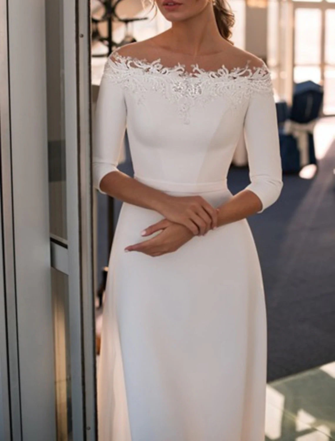Aimishang Engagement Formal Wedding Dresses A-Line Off Shoulder 3/4 Length Sleeve Sweep / Brush Train Lace Bridal Gowns With Appliques Solid Color