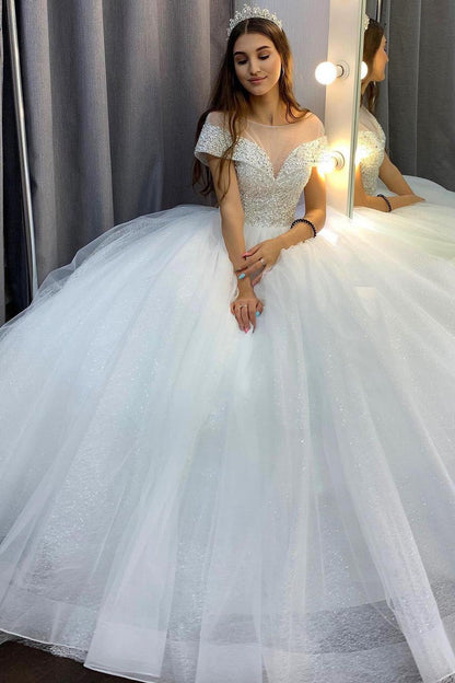 Elegant A-Line Bateau Wedding Dress with Crystal Sequins and Tulle Train