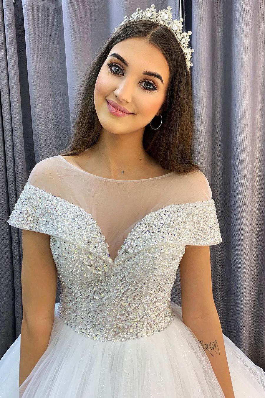 Elegant A-Line Bateau Wedding Dress with Crystal Sequins and Tulle Train