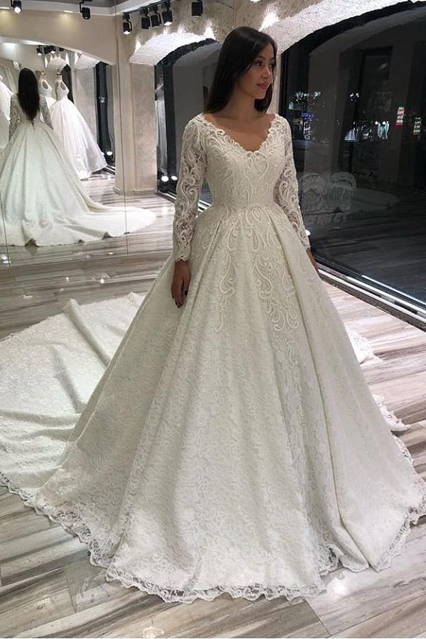 Elegant A-line Deep V-neck Long Sleeves Wedding Dress with Appliques Lace