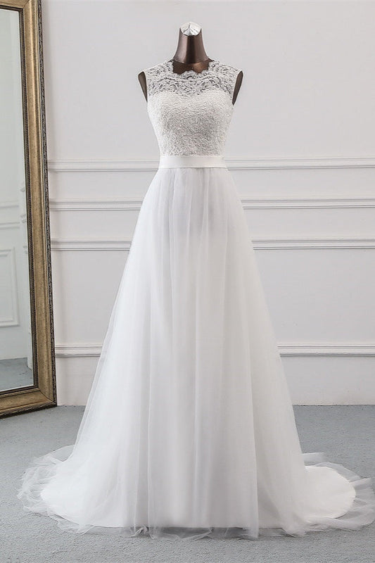 Elegant A-line Jewel Wedding Dress with Tulle and Appliques Lace