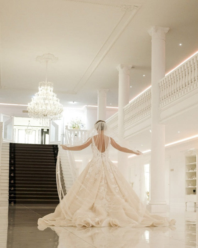 Elegant Backless A-Line Wedding Gown with Deep V-Neck and Spaghetti Straps in Applique Lace