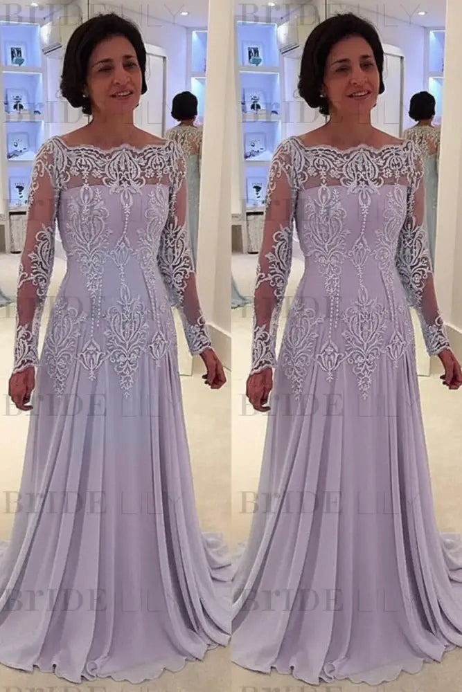 Elegant bateau neck A-line Lace Long Sleeves Mother-of-the-bride Dress