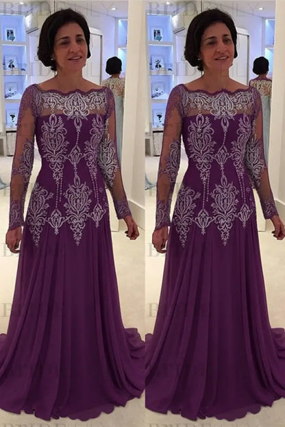Elegant bateau neck A-line Lace Long Sleeves Mother-of-the-bride Dress