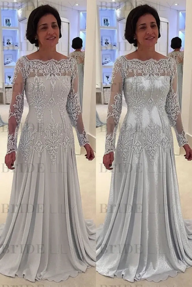 Elegant bateau neck A-line Lace Long Sleeves Mother-of-the-bride Dress