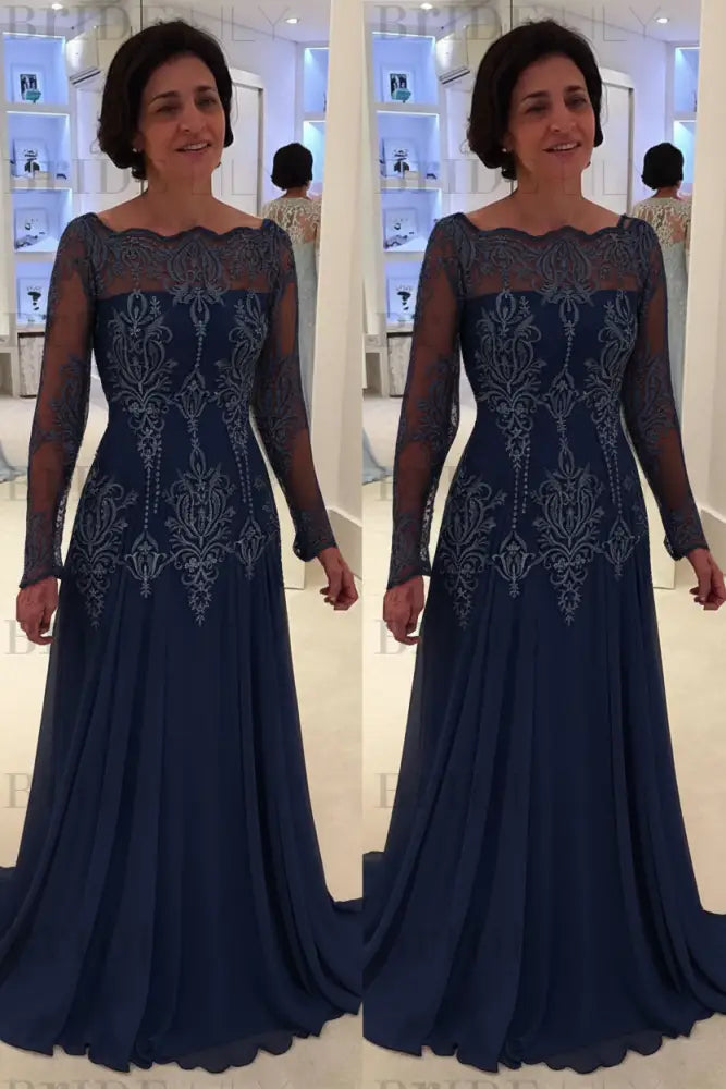 Elegant bateau neck A-line Lace Long Sleeves Mother-of-the-bride Dress
