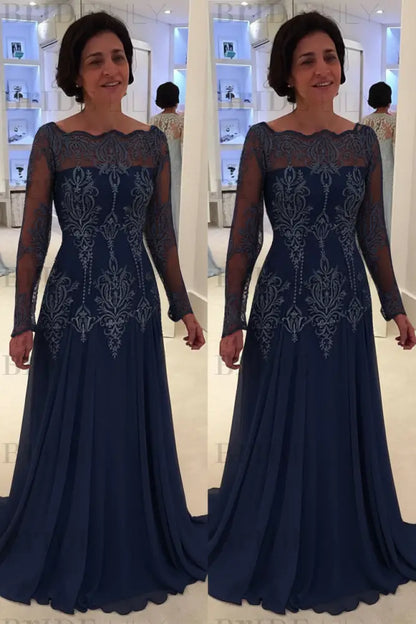 Elegant bateau neck A-line Lace Long Sleeves Mother-of-the-bride Dress