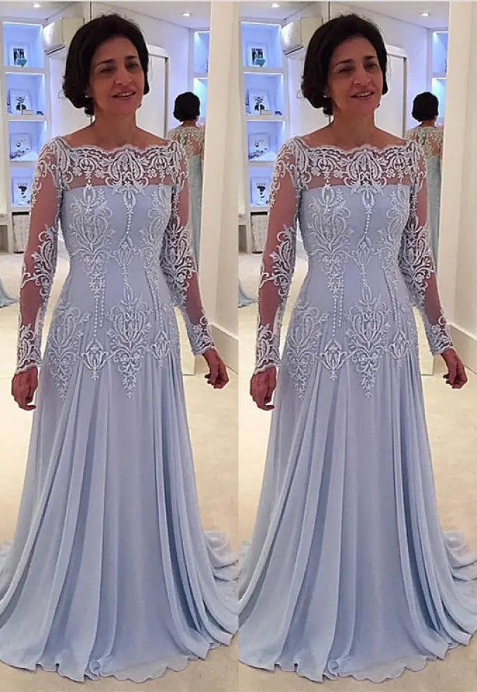 Elegant bateau neck A-line Lace Long Sleeves Mother-of-the-bride Dress