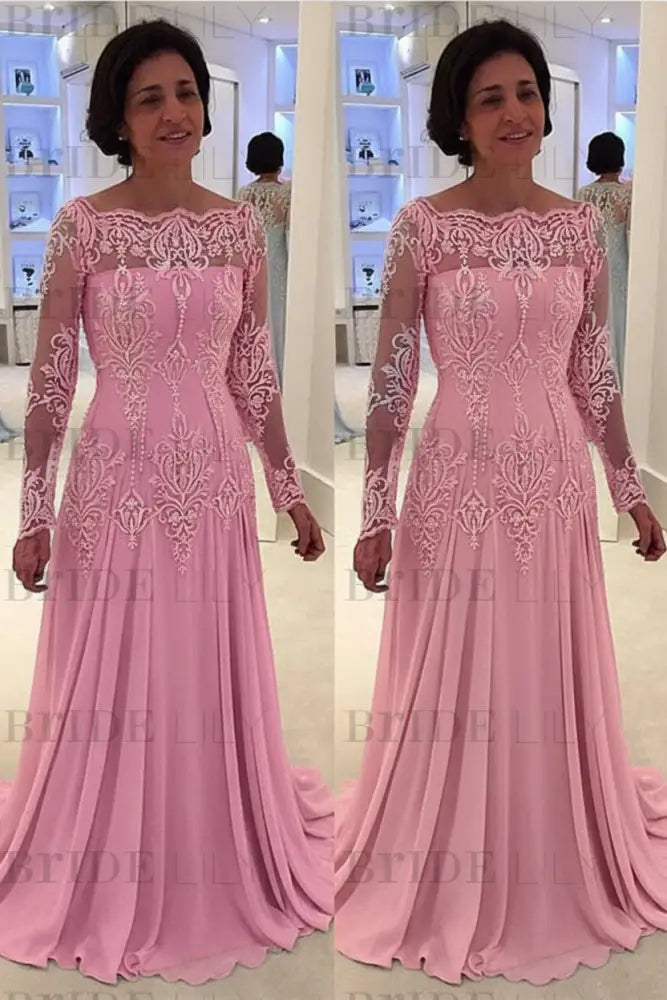 Elegant bateau neck A-line Lace Long Sleeves Mother-of-the-bride Dress