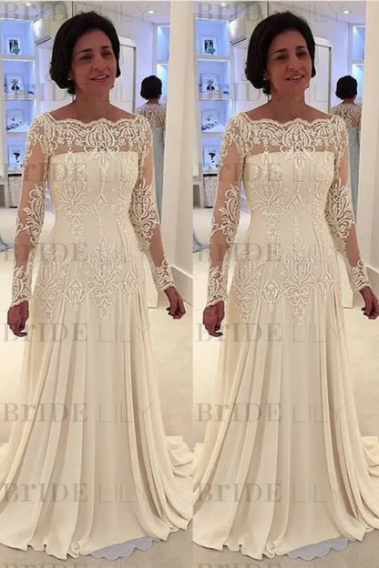 Elegant bateau neck A-line Lace Long Sleeves Mother-of-the-bride Dress