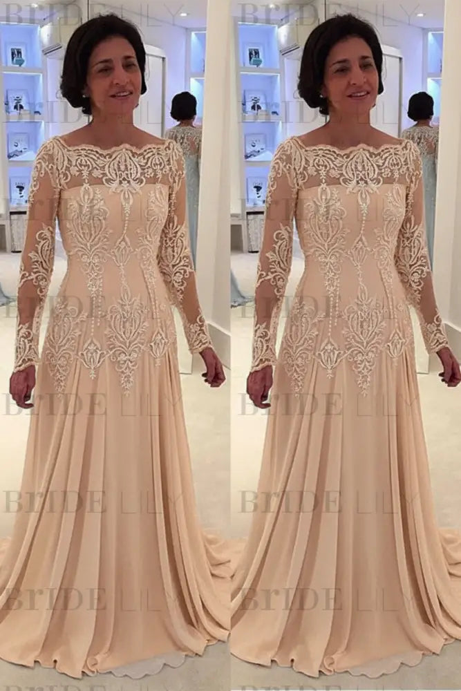 Elegant bateau neck A-line Lace Long Sleeves Mother-of-the-bride Dress