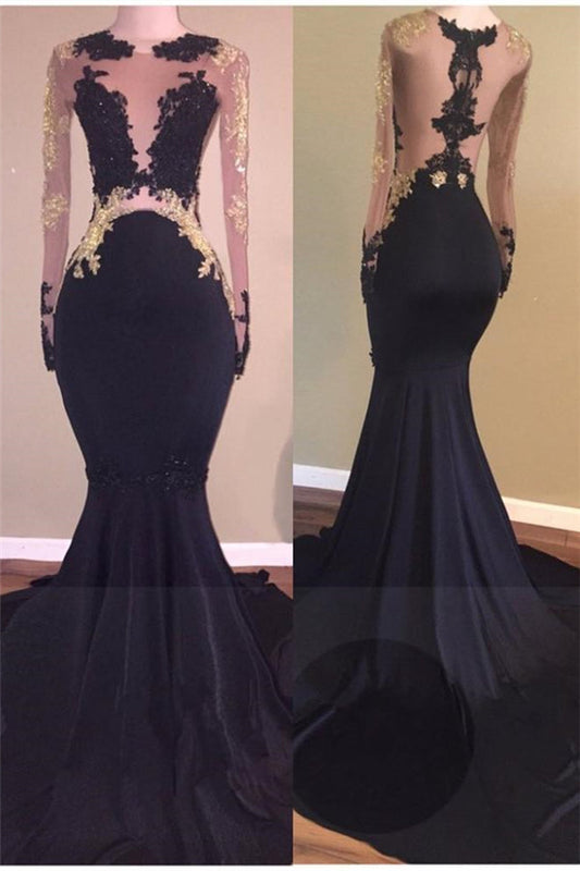Elegant Black Long Sleeves Gold Appliques Mermaid Prom Dress