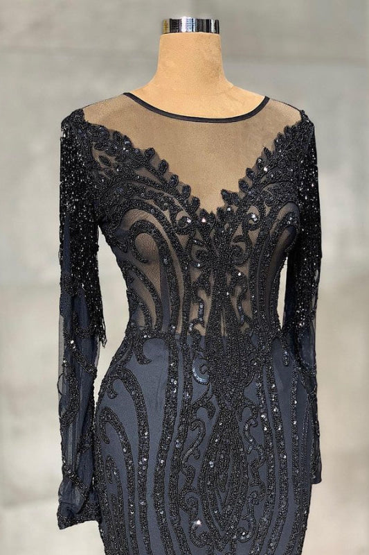 Elegant Black Mermaid Prom Dress Tulle with Long Sleeves
