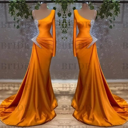 Burnt Orange Long Sleeves Mermaid Prom Dress Satin Long with Beads