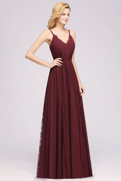 Elegant Chiffon Lace V-Neck A-line Long Bridesmaid Dress