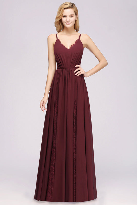 Elegant Chiffon Lace V-Neck A-line Long Bridesmaid Dress