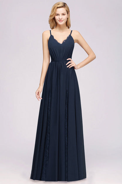 Elegant Chiffon Lace V-Neck A-line Long Bridesmaid Dress