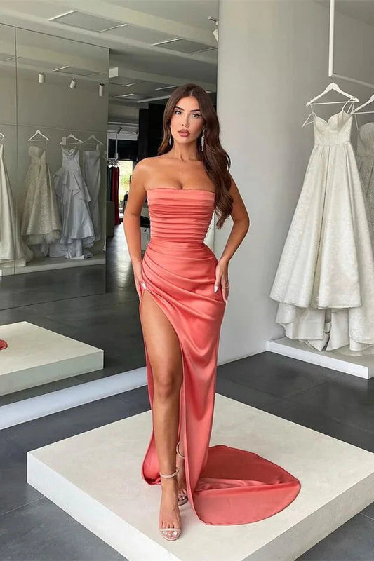 Elegant Coral Strapless Mermaid Evening Dress Mermaid Long Split With Pleats
