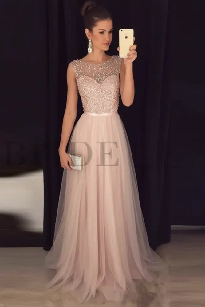 Elegant Gray A-Line Prom Dress Sequined Tulle Evening Gown