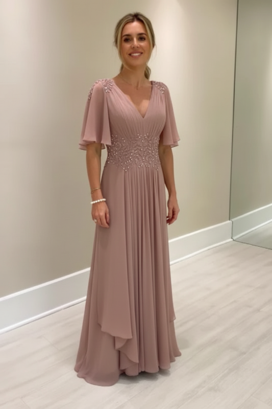 Elegant Half Sleeves V-neck Aline Wedding Guest Dress Chiffon Mother of the Bride Dress