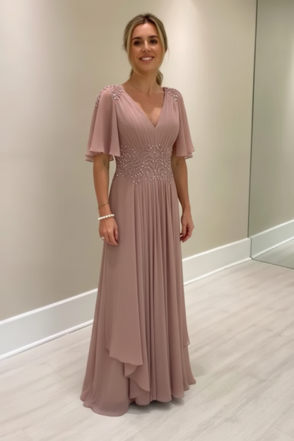 Elegant Half Sleeves V-neck Aline Wedding Guest Dress Chiffon Mother of the Bride Dress