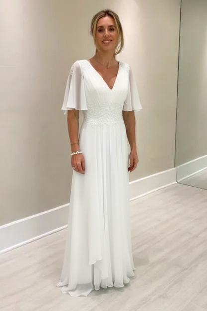 Elegant Half Sleeves V-neck Aline Wedding Guest Dress Chiffon Mother of the Bride Dress