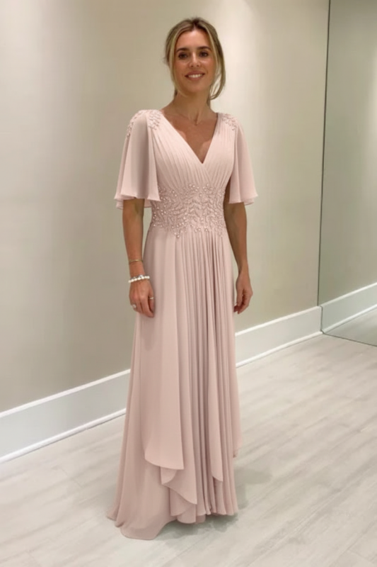 Elegant Half Sleeves V-neck Aline Wedding Guest Dress Chiffon Mother of the Bride Dress