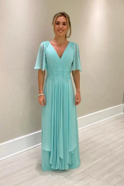 Elegant Half Sleeves V-neck Aline Wedding Guest Dress Chiffon Mother of the Bride Dress