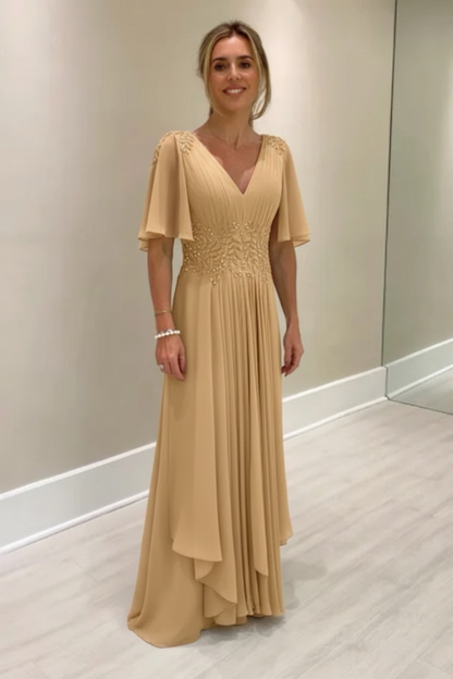 Elegant Half Sleeves V-neck Aline Wedding Guest Dress Chiffon Mother of the Bride Dress