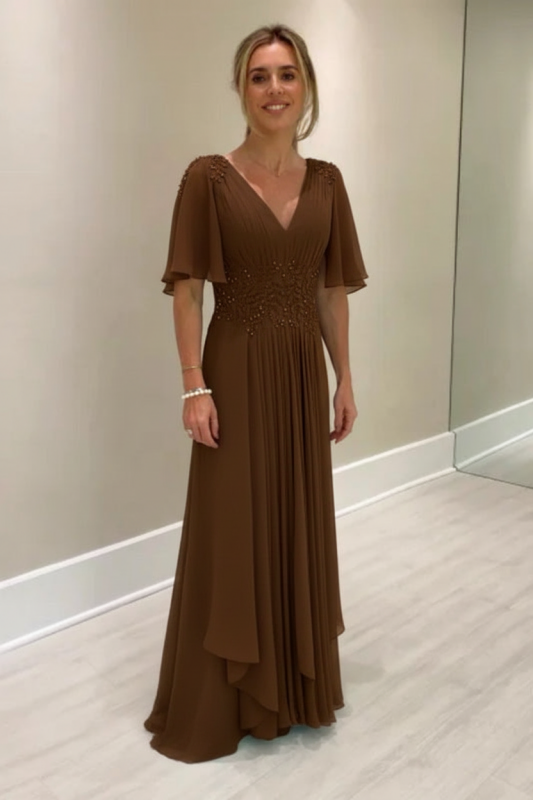 Elegant Half Sleeves V-neck Aline Wedding Guest Dress Chiffon Mother of the Bride Dress