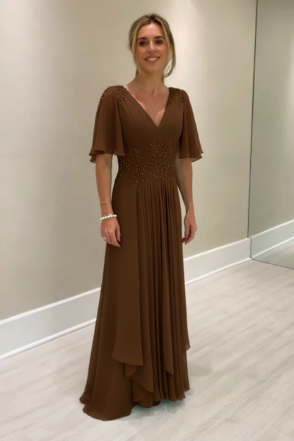 Elegant Half Sleeves V-neck Aline Wedding Guest Dress Chiffon Mother of the Bride Dress
