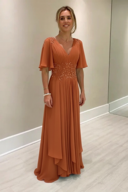 Elegant Half Sleeves V-neck Aline Wedding Guest Dress Chiffon Mother of the Bride Dress