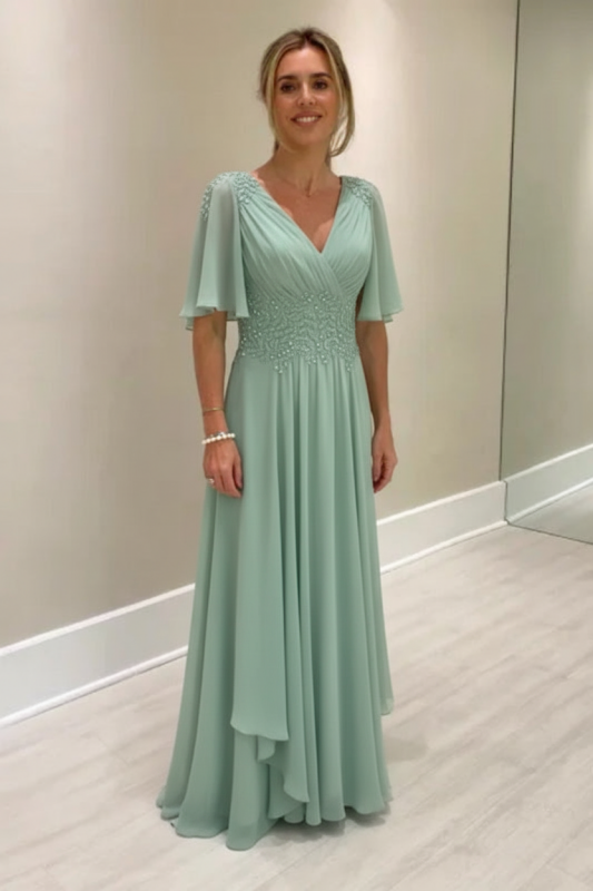 Elegant Half Sleeves V-neck Aline Wedding Guest Dress Chiffon Mother of the Bride Dress