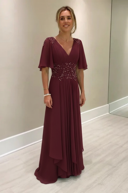 Elegant Half Sleeves V-neck Aline Wedding Guest Dress Chiffon Mother of the Bride Dress