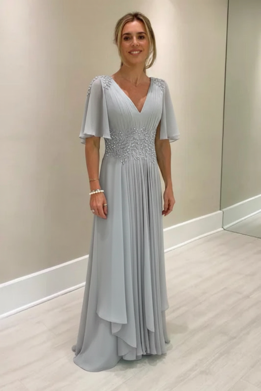 Elegant Half Sleeves V-neck Aline Wedding Guest Dress Chiffon Mother of the Bride Dress