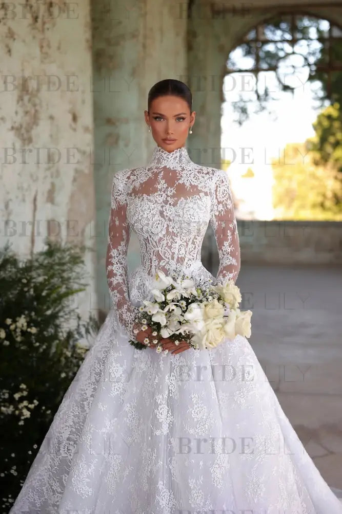 Elegant High Neck Long Sleeves  A-Line Appliques Lace Wedding Dress