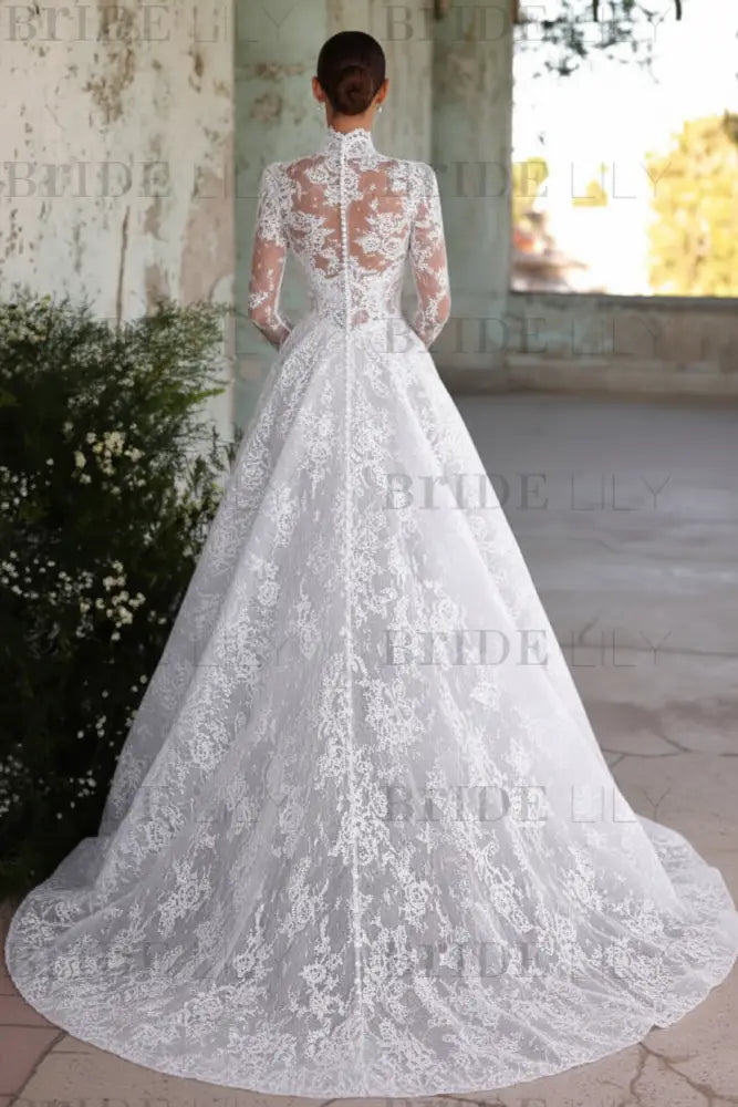 Elegant High Neck Long Sleeves  A-Line Appliques Lace Wedding Dress