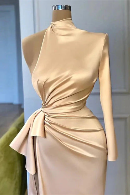 Elegant High Neck One Shoulder Long Sleeves Evening Dress Mermaid With Slit