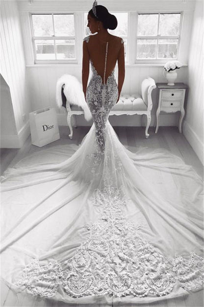 Elegant Lace Appliques Cap Sleeves Mermaid Wedding Dress With Zipper Button Back