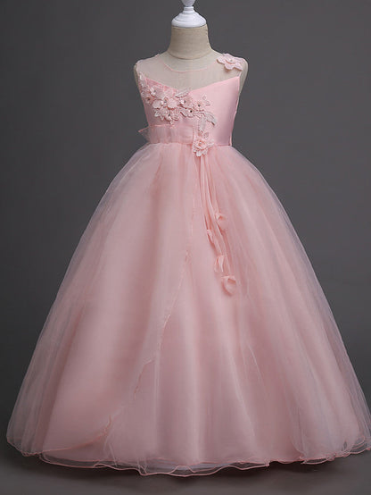 Elegant Lace Bow Appliques Floor Length Sleeveless Flower Girl Dresses